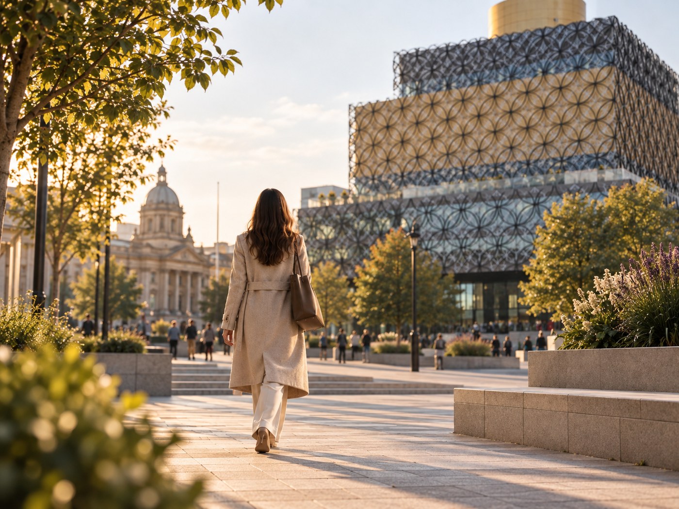 Pedestrian walking through Birmingham city centre near the Library of Birmingham.
